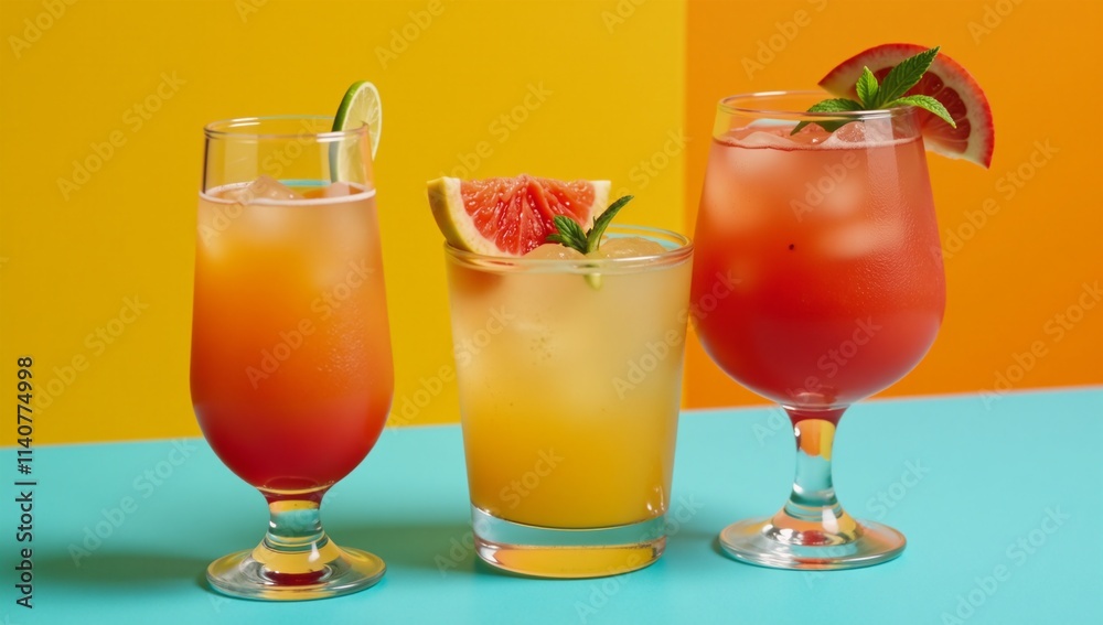 Three gradient-orange cocktails set against a vivid background for bright refreshing summer celebrations Three gradient-orange cocktails set against a vivid background for bright refreshing summer celebrations