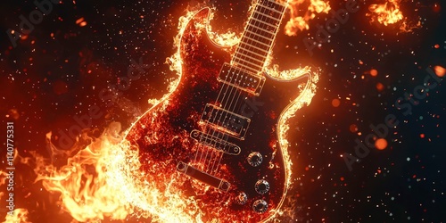 Guitar is on fire and surrounded by flames