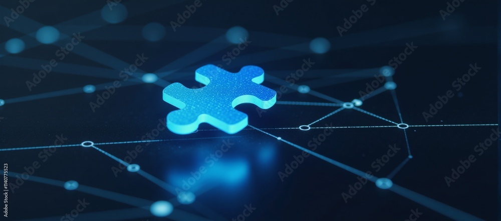 Glowing blue puzzle piece hovers over a futuristic tech interface embodying technological mystery and solution gaps Glowing blue puzzle piece hovers over a futuristic tech interface embodying technological mystery and solution gaps