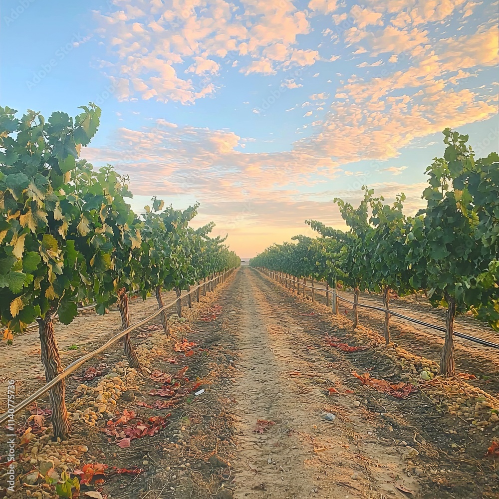 Naklejka premium A scenic vineyard path lined with grapevines under a colorful sky.
