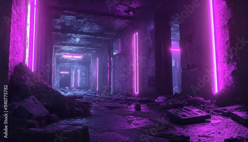 A dimly lit hallway with neon pink lights and rubble on the floor photo