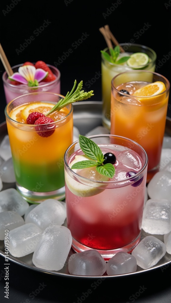 Collection of Chilled Beverages adorned with Ice Garnishes Cool Refreshments Collection of Chilled Beverages adorned with Ice Garnishes Cool Refreshments