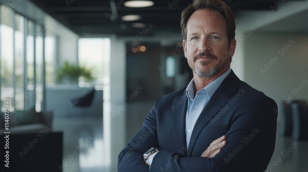 A confident professional man poses in a modern office setting with arms crossed. A confident professional man poses in a modern office setting with arms crossed.
