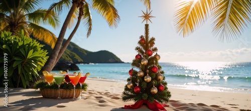 Celebrate New Years Day with tropical cocktails beneath palm trees and sunny beaches surrounded by a festive Christmas tree setup photo