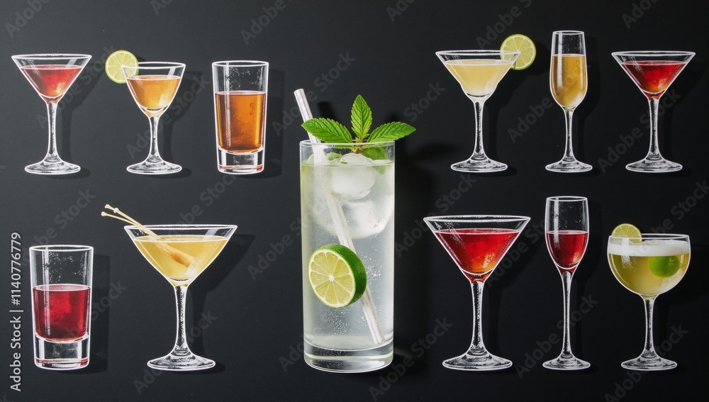 Sketch illustration features various alcoholic cocktails displayed on a chalkboard Sketch illustration features various alcoholic cocktails displayed on a chalkboard