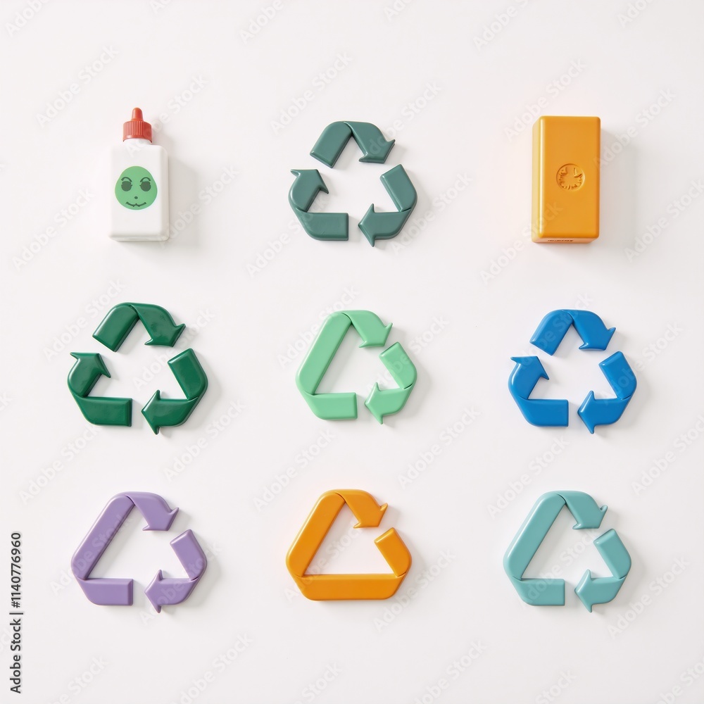 Obraz premium Cartoon-style recycling symbols on a simple isolated design with a clean white backdrop