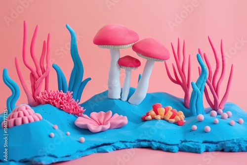 colorful underwater scene, pink mushrooms, blue coral, ocean decor, playful marine life, handmade clay art with bright colors and imaginative designs, vibrant and eye catching display photo