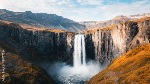 Path of beginning and start exploration, A stunning waterfall cascades down rugged cliffs surrounded by vibrant autumn foliage under a bright, blue sky.