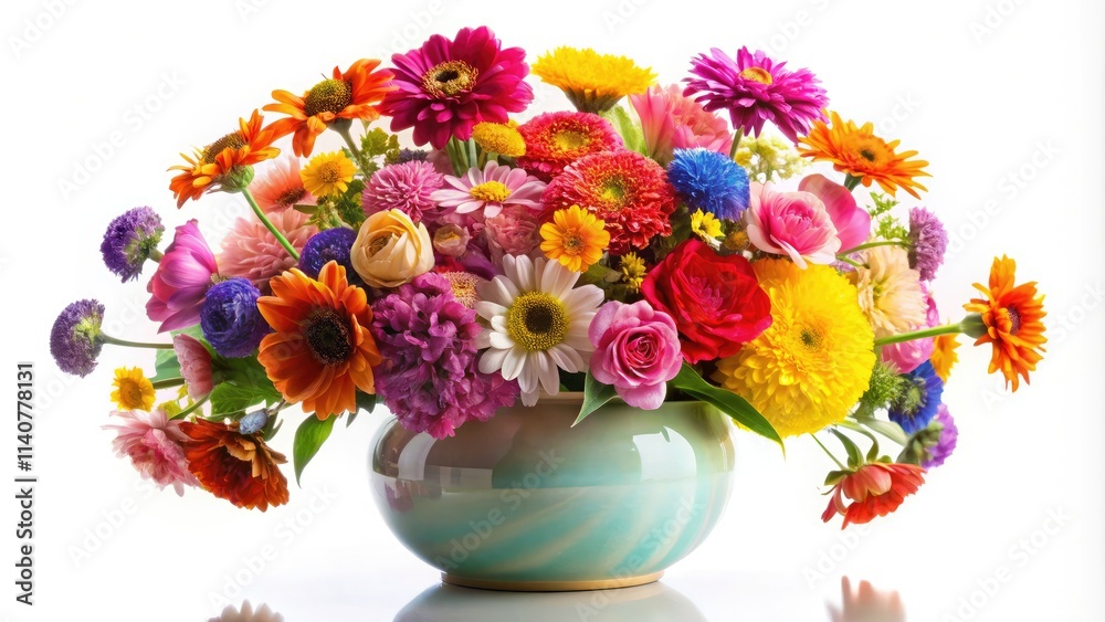 Vibrant spring blossoms burst in a colorful vase, stark against a pure white backdrop. Vibrant spring blossoms burst in a colorful vase, stark against a pure white backdrop.