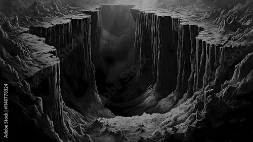 A chasm in the earth's crust leading to an eldritch abyss, where unimaginable horrors and cosmic entities lurk in the shadows. Chasm. Illustration