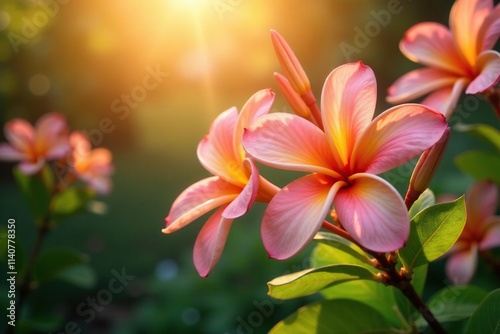 Frangipanier flowers in a warm light with reflections, outdoorsy, warm