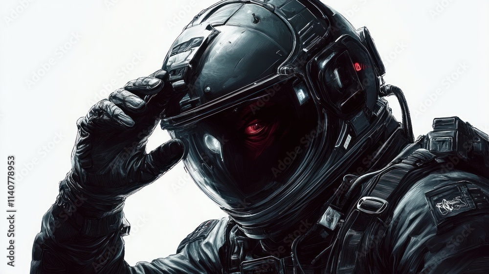 A futuristic astronaut saluting, showcasing advanced technology and a mysterious aura. A futuristic astronaut saluting, showcasing advanced technology and a mysterious aura.