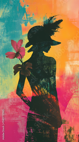 Stylized silhouette of woman with flowers and hat against vibrant textured background for Women’s Day poster design