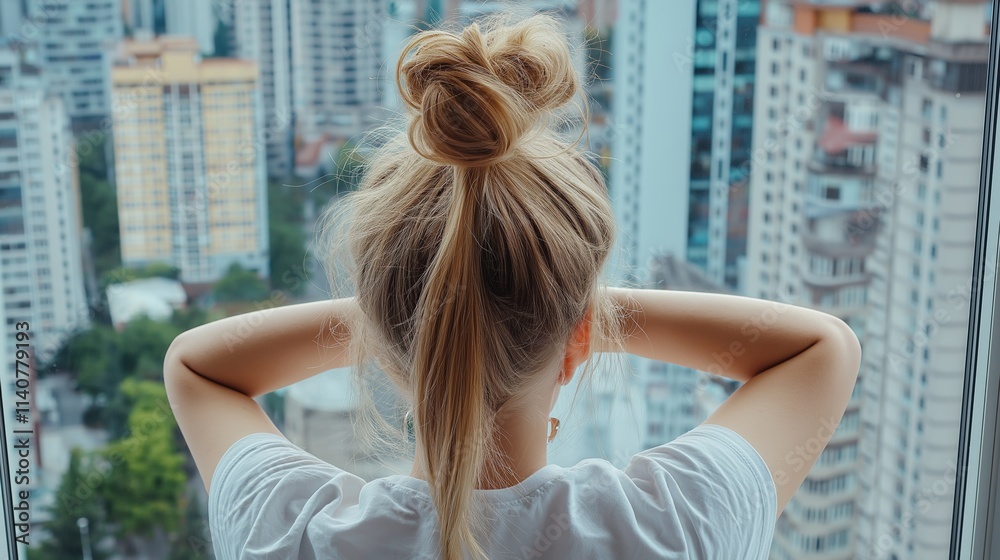 Fototapeta premium A young person with a messy hair bun gazes out of a window at a high-rise cityscape. Isolation from society, depression in children and mental health. Introspection, solitude, and urban melancholy