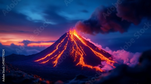 Erupting volcano at night with glowing lava and smoke.