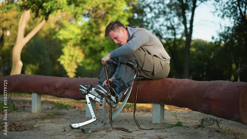 Guy sitting on log in park, wearing gray long-sleeved shirt and cargo pants, focused on adjusting spring stilt straps attached to feet, surrounded by green trees, with low camera angle Guy sitting on log in park, wearing gray long-sleeved shirt and cargo pants, focused on adjusting spring stilt straps attached to feet, surrounded by green trees, with low camera angle