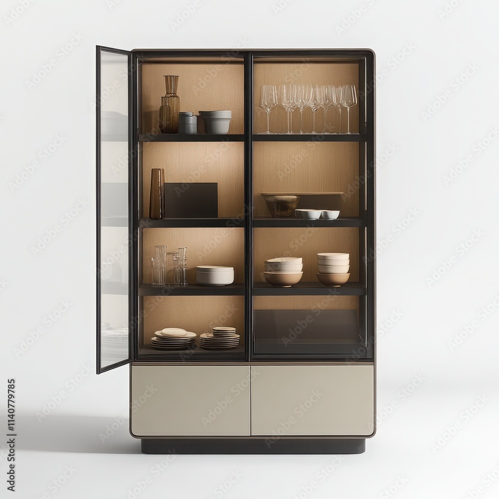 A compact cupboard with multiple shelves and a glass front on a white background A compact cupboard with multiple shelves and a glass front on a white background