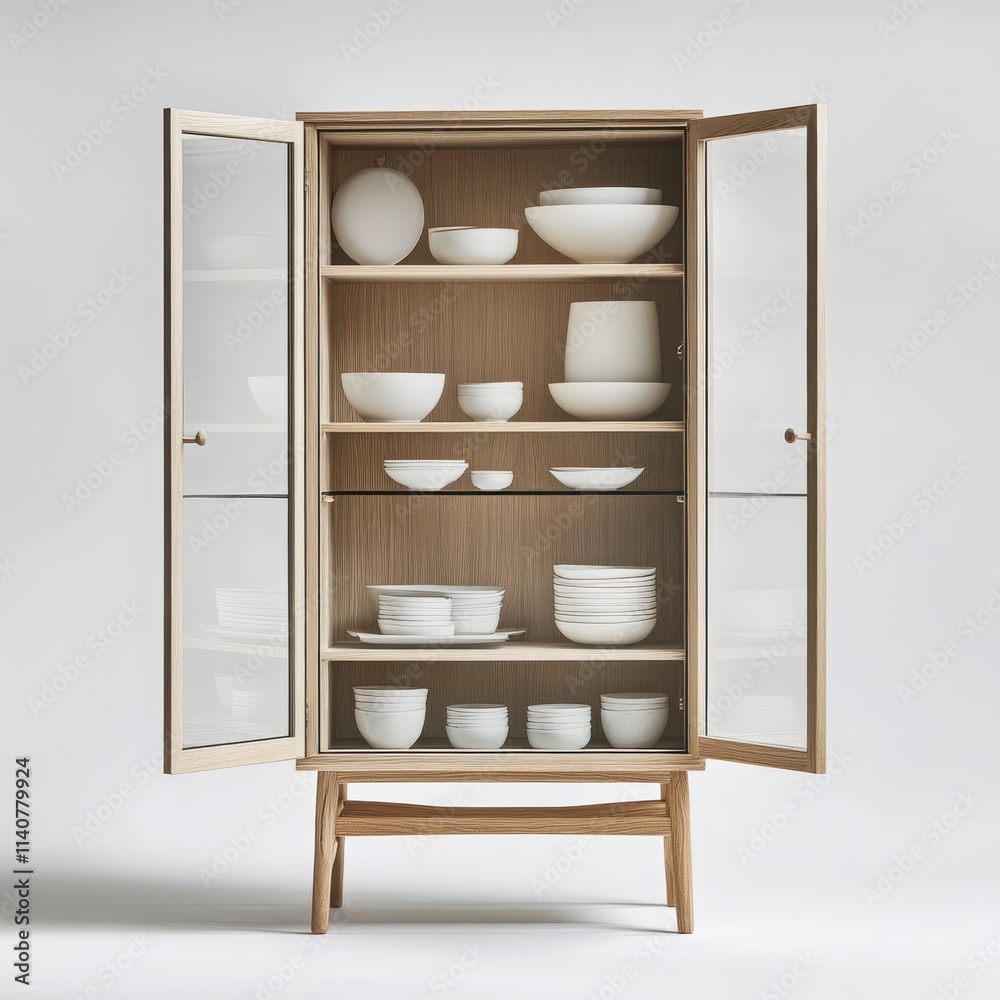 A compact cupboard with multiple shelves and a glass front on a white background A compact cupboard with multiple shelves and a glass front on a white background