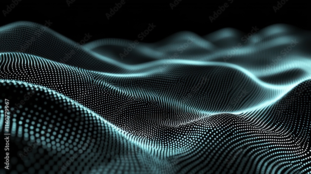 Abstract representation of waves with a glowing, dotted pattern on a dark background. Abstract representation of waves with a glowing, dotted pattern on a dark background.