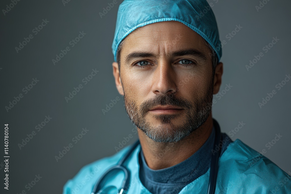Professional man in medical work gear, emphasizing his role in healthcare with a confident and composed pose.