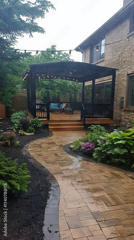Obraz premium A serene backyard with a gazebo and pathway, surrounded by lush greenery.