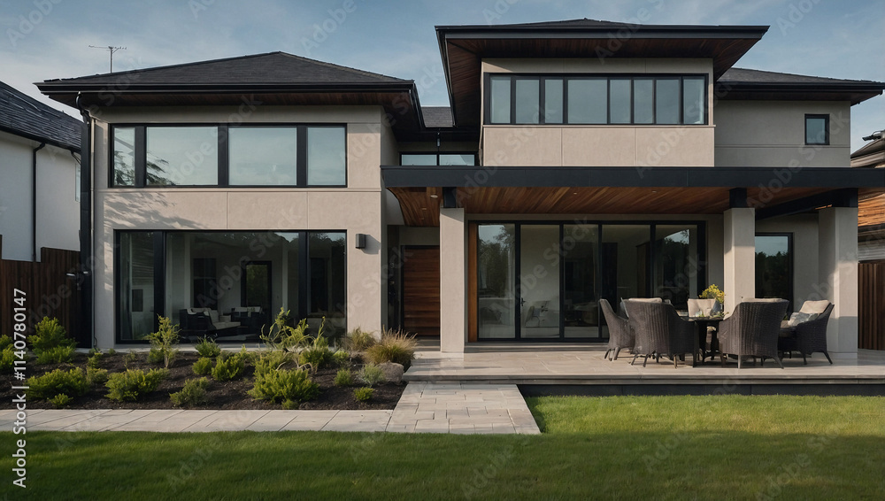 Contemporary two-story house with light-grey stucco exterior, dark-grey roof, large windows, and patio furniture on a paved patio. Landscaping includes shrubs and grass. Contemporary two-story house with light-grey stucco exterior, dark-grey roof, large windows, and patio furniture on a paved patio. Landscaping includes shrubs and grass.