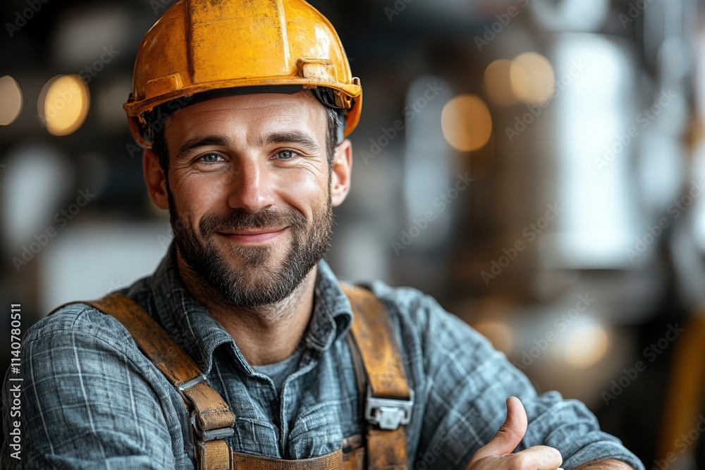 Professional technician in overalls and helmet, giving a cheerful thumbs up, ideal for advertising campaigns. Professional technician in overalls and helmet, giving a cheerful thumbs up, ideal for advertising campaigns.