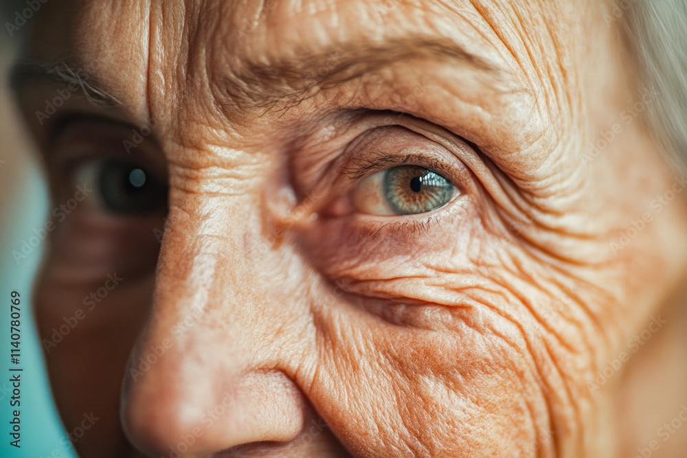 Close-up of elderly female with detailed wrinkles and blue eye Close-up of elderly female with detailed wrinkles and blue eye