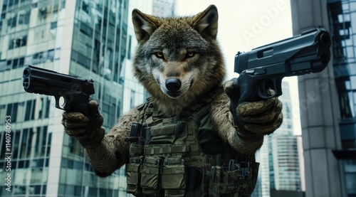 A wolf character in tactical gear wielding guns in an urban setting. photo