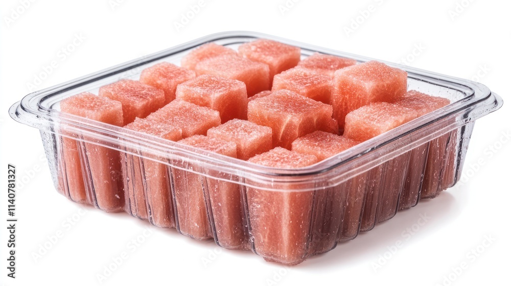 A plastic container filled with cubed watermelon pieces, ready for consumption. A plastic container filled with cubed watermelon pieces, ready for consumption.