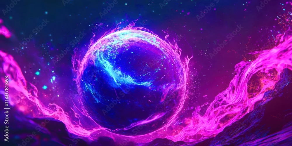 Obraz premium Large purple and blue sphere with fire coming out of it