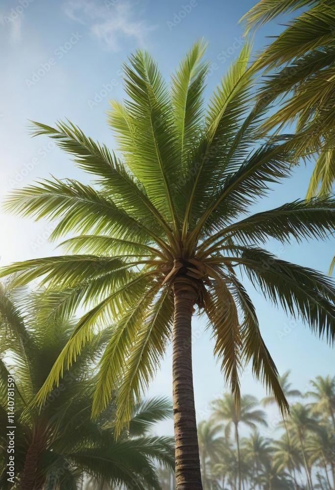 Green branches of a tall palm tree swaying gently in the wind, plant details, soothing atmosphere Green branches of a tall palm tree swaying gently in the wind, plant details, soothing atmosphere