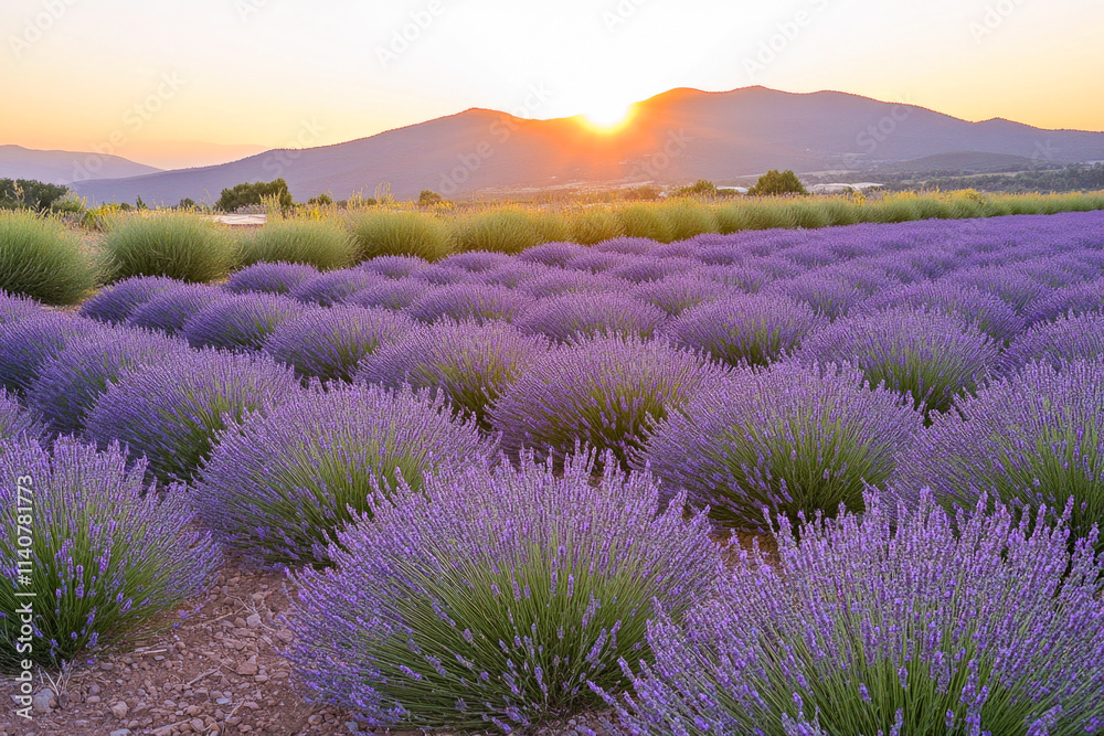 Fototapeta premium Lavender fields at sunrise with mountain view landscape