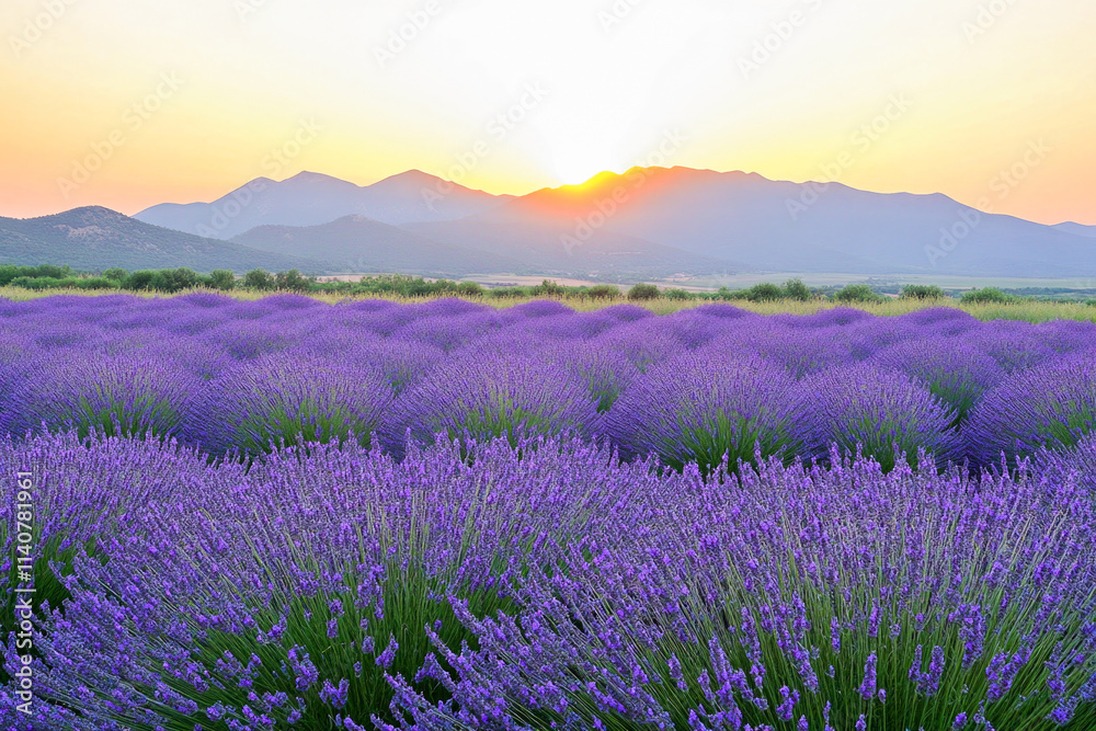 Fototapeta premium Sunset over vast lavender fields with mountain background