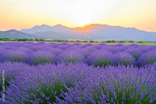 Sunset over vast lavender fields with mountain background