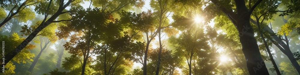 Fototapeta premium Forest canopy with sunlight filtering through leaves, forest canopy, natural beauty , forest ecosystem