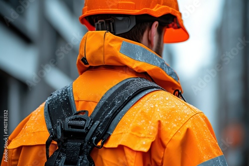 Rear view of a professional engineer in high-visibility clothing and safety equipment, captured for industrial branding and compliance campaigns. photo