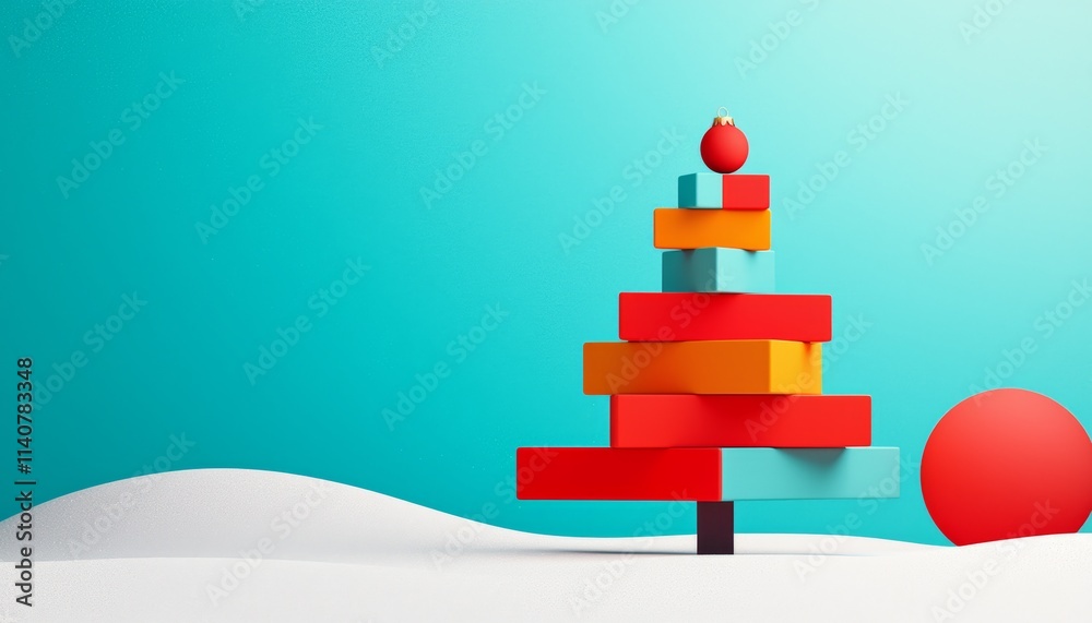 A colorful, abstract depiction of a Christmas tree, made from stacked geometric shapes, set against a bright background with a snow-like base. A colorful, abstract depiction of a Christmas tree, made from stacked geometric shapes, set against a bright background with a snow-like base.