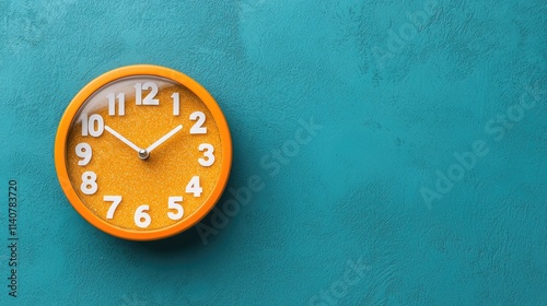 Wallpaper Mural A vibrant orange wall clock mounted on a textured teal background, showcasing a modern design. Torontodigital.ca
