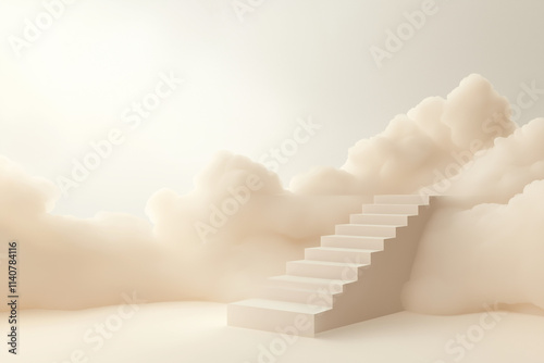 Staircase leading into fluffy clouds in a soft, dreamy beige environment