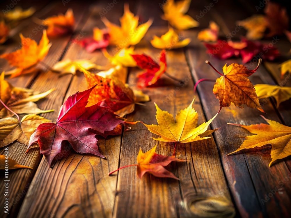 Obraz premium Vintage Autumn Leaves, Wooden Background, Fall Photography, Yellow Red Leaves, Rustic Autumn Scene, Fall Wallpaper