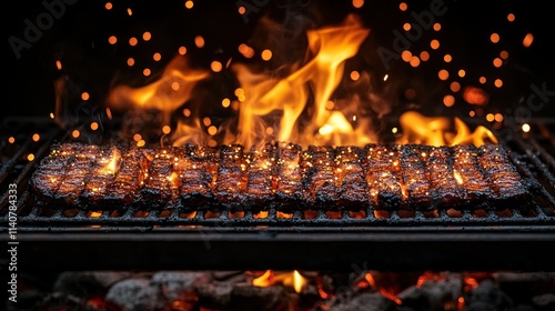 Close-up view of grilling meat on barbecue. Intense flames and sparks rise over a hot grill with pieces of meat. photo