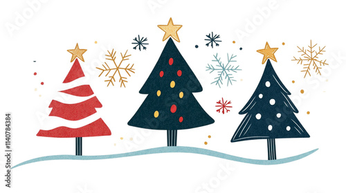 Christmas trees with ornaments and snowflakes on a white transparent png background photo