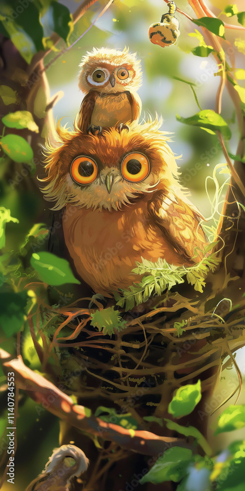 An illustrated scene of an owl and her chick nestled in their forest tree, bathed in gentle, golden sunlight An illustrated scene of an owl and her chick nestled in their forest tree, bathed in gentle, golden sunlight