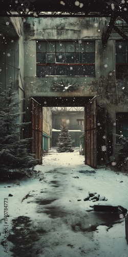 Vintage Factory Holiday Courtyard: A Rustic, Snowy Christmas Mood