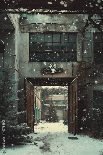 Vintage Factory Holiday Courtyard: A Rustic, Snowy Christmas Mood