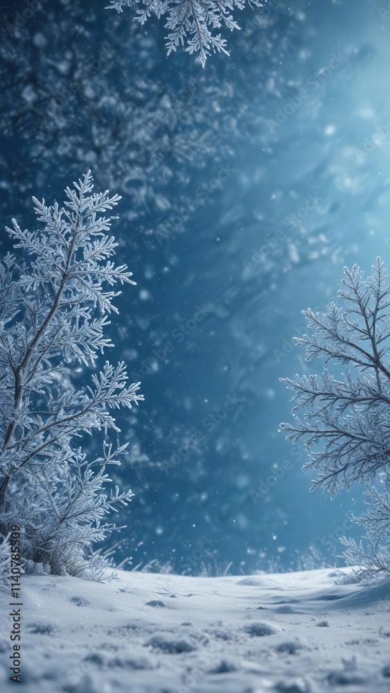 Frosty blue background with snow and a few snowflakes gently falling, snowfall, winter wonderland, calming Frosty blue background with snow and a few snowflakes gently falling, snowfall, winter wonderland, calming