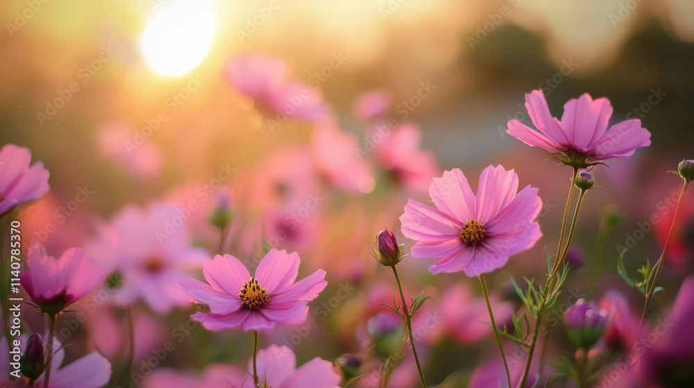 Beautiful pink flowers in a vibrant field during sunset with warm sunlight creating a dreamy and serene atmosphere for nature lovers and photography enthusiasts Beautiful pink flowers in a vibrant field during sunset with warm sunlight creating a dreamy and serene atmosphere for nature lovers and photography enthusiasts