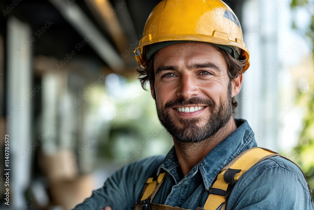 Smiling installer in safety gear, standing confidently on a clean white background, emphasizing professionalism. Smiling installer in safety gear, standing confidently on a clean white background, emphasizing professionalism.