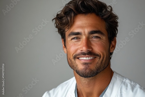 Smiling male nurse in white uniform, blending warmth, professionalism, and care for branding or informational visuals.